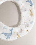 Blue Whale bamboo baby bib — blue whale print, soft bamboo cotton