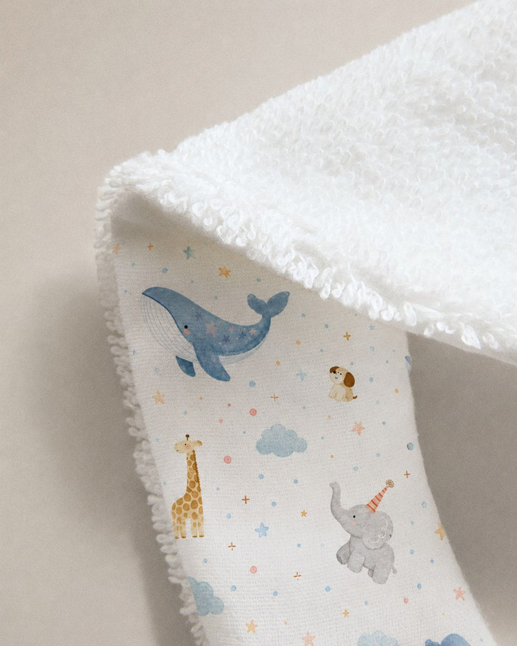 Blue Whale bamboo baby bib — blue whale print, soft bamboo cotton