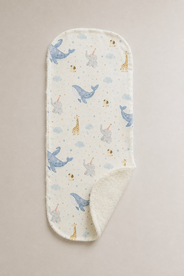 Blue Whale bamboo baby burp cloth — absorbent sherpa backing