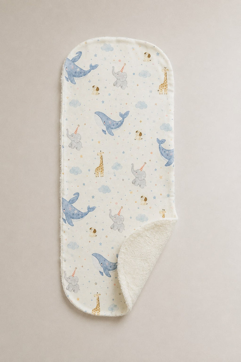 Blue Whale bamboo baby burp cloth — absorbent sherpa backing