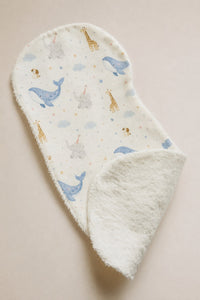 Blue Whale bamboo baby burp cloth — soft bamboo cotton flatlay