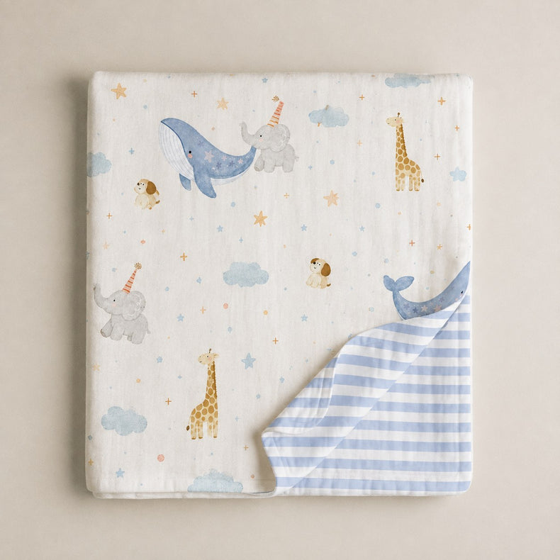 Blue Whale bamboo baby quilt — blue whale print, soft bamboo cotton
