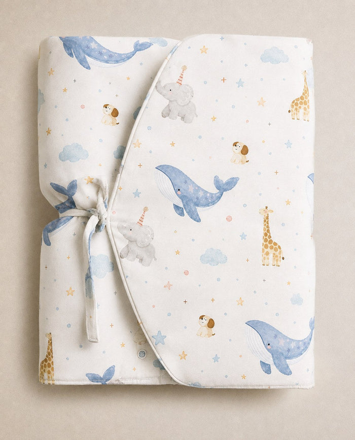Blue Whale bamboo baby changing mat — blue whale print, soft bamboo cotton
