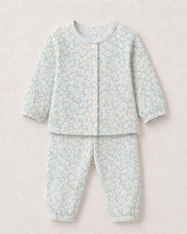 Baby wearing Anaario Bluebell Daisy organic mulmul cotton Blossom Breeze set, newborn to 24 months