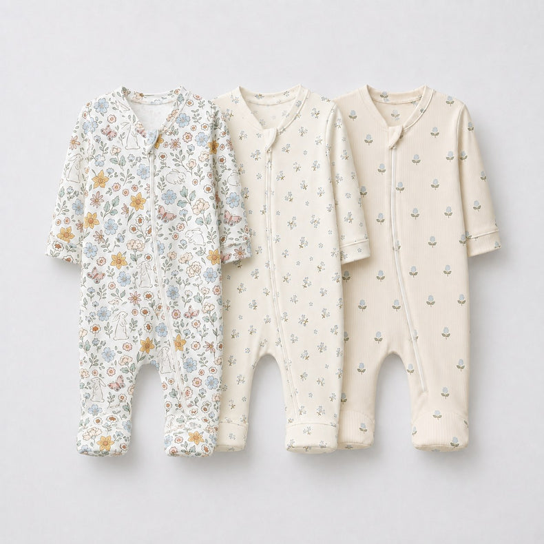 Bunny & Blossom bamboo baby sleepsuit combo — coordinating full-sleeve two-way zip romper onesies