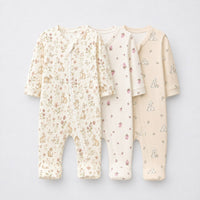 Bunny & Kitty Floral bamboo baby sleepsuit combo — coordinating full-sleeve two-way zip romper onesies