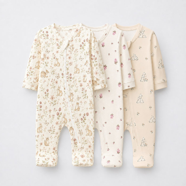 Bunny & Kitty Floral bamboo baby sleepsuit combo — coordinating full-sleeve two-way zip romper onesies