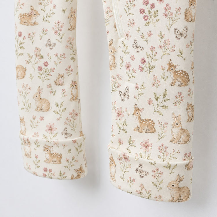 Bunny & Kitty Floral bamboo cotton baby sleepsuit — zip romper onesie detail