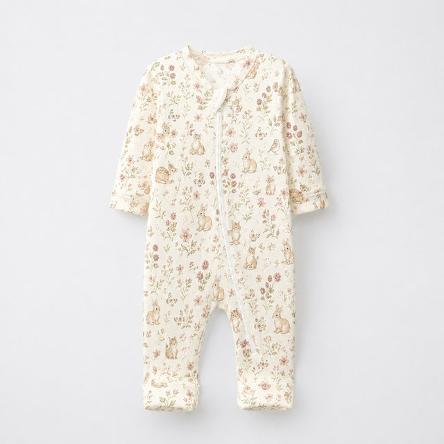 Bunny & Kitty Floral bamboo cotton baby sleepsuit — two-way zip romper onesie
