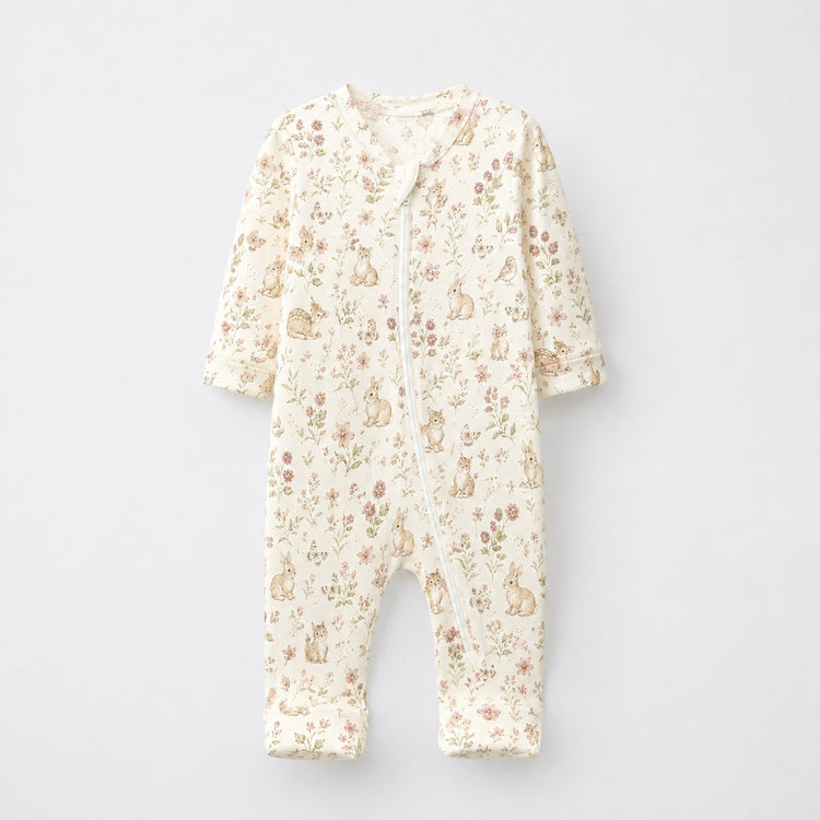 Bunny & Kitty Floral bamboo cotton baby sleepsuit — two-way zip romper onesie