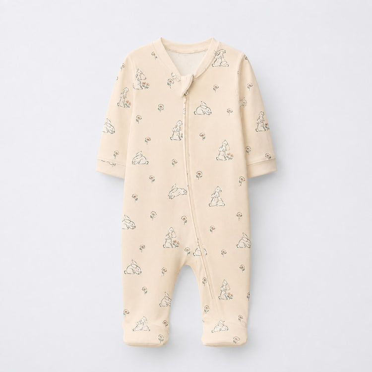 Bunny & Kitty Floral bamboo cotton baby sleepsuit — two-way zip romper onesie