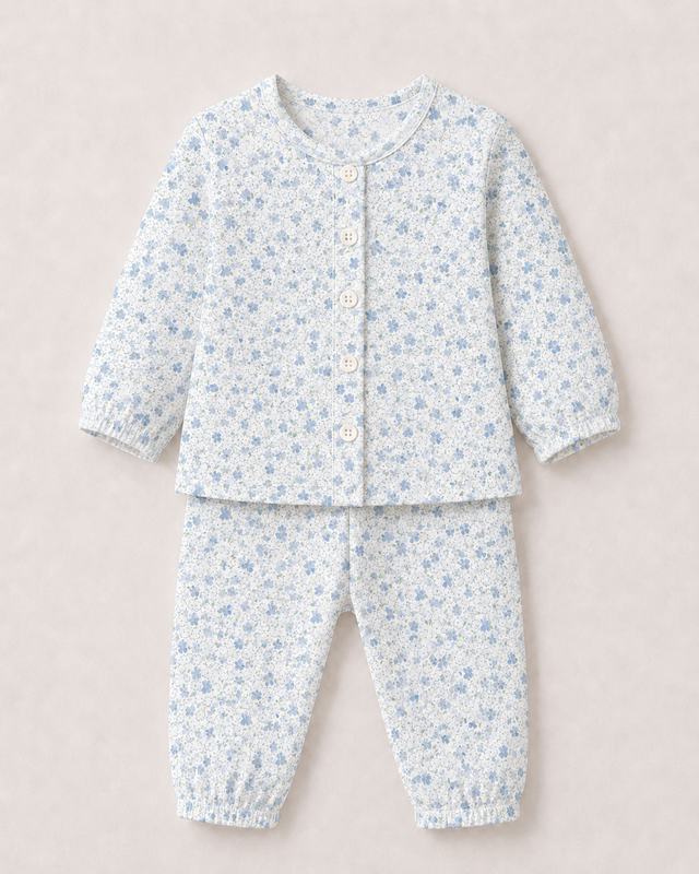 Baby wearing Anaario Butter Blue Garden organic mulmul cotton Blossom Breeze set, newborn to 24 months