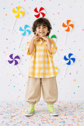 Boy wearing Anaario Butter Check Balloon Co-ord Set, yellow check shirt with matching balloon-style pant