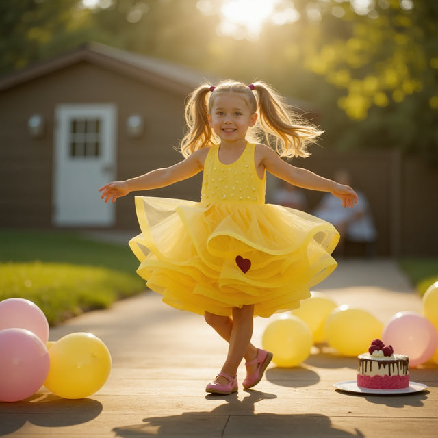 Girl wearing Anaario Buttercup Twirl Frock, yellow tulle twirl dress with heart appliqué