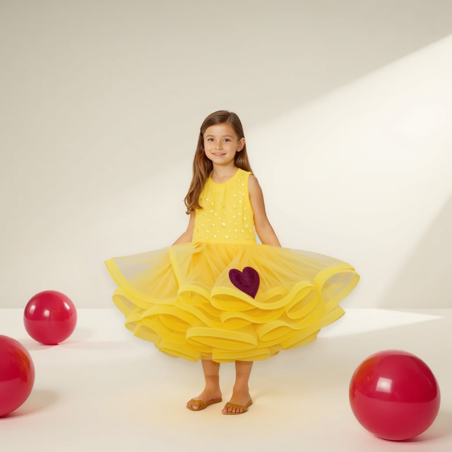 Girl wearing Anaario Buttercup Twirl Frock, yellow tulle twirl dress with heart appliqué