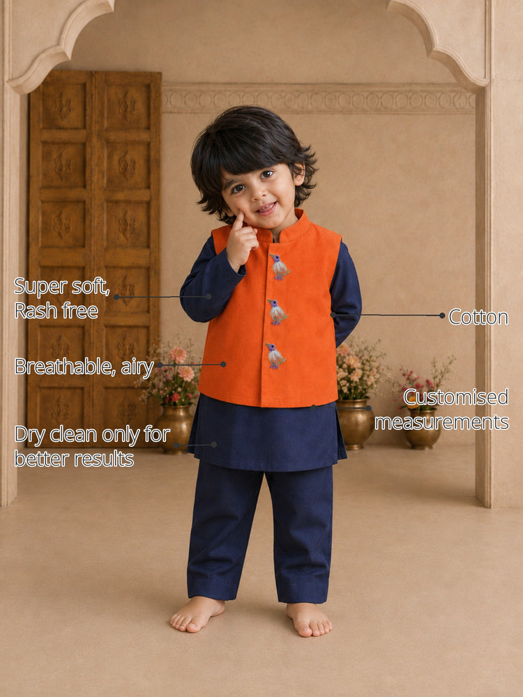 Navy Bird-Motif Boys' Waistcoat Set (Orange Waistcoat) features