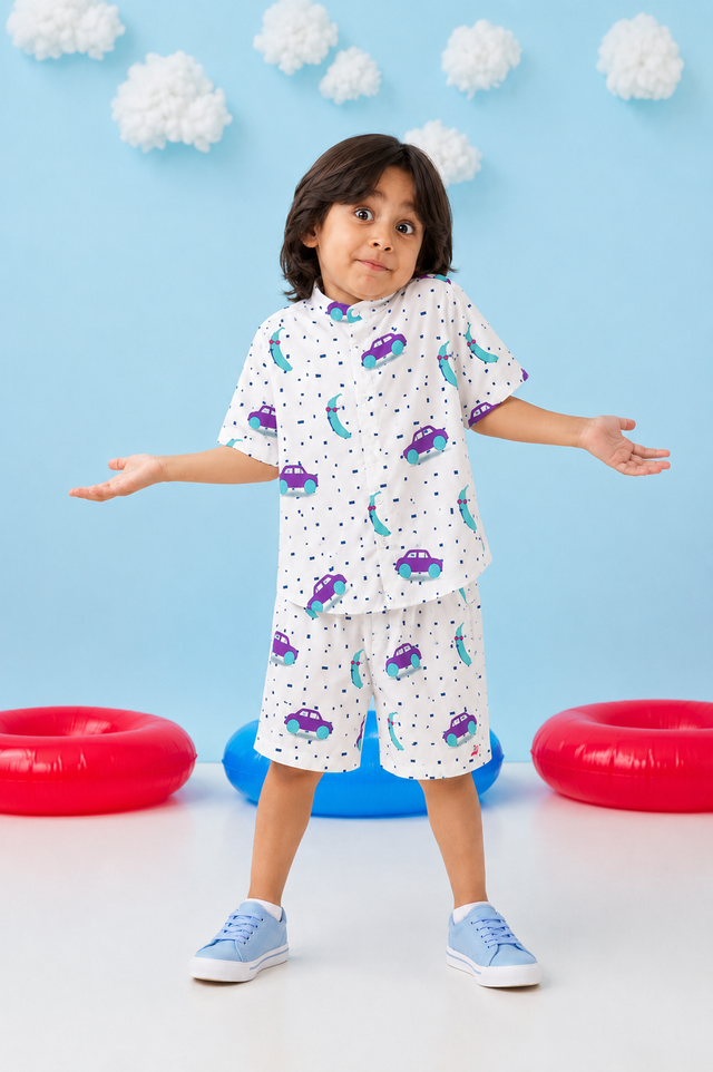 Boy wearing Anaario Car Print Shorts