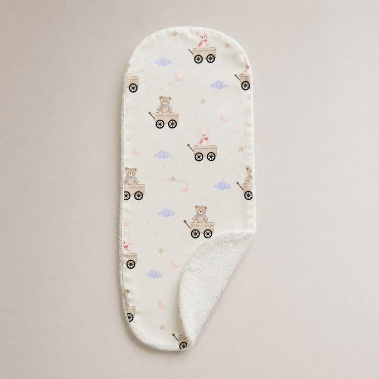 Carriage Teddy bamboo baby burp cloth — soft bamboo cotton flatlay