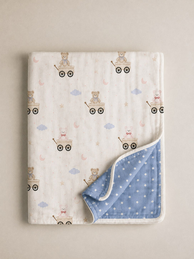 Carriage Teddy bamboo baby quilt — soft bamboo cotton flatlay
