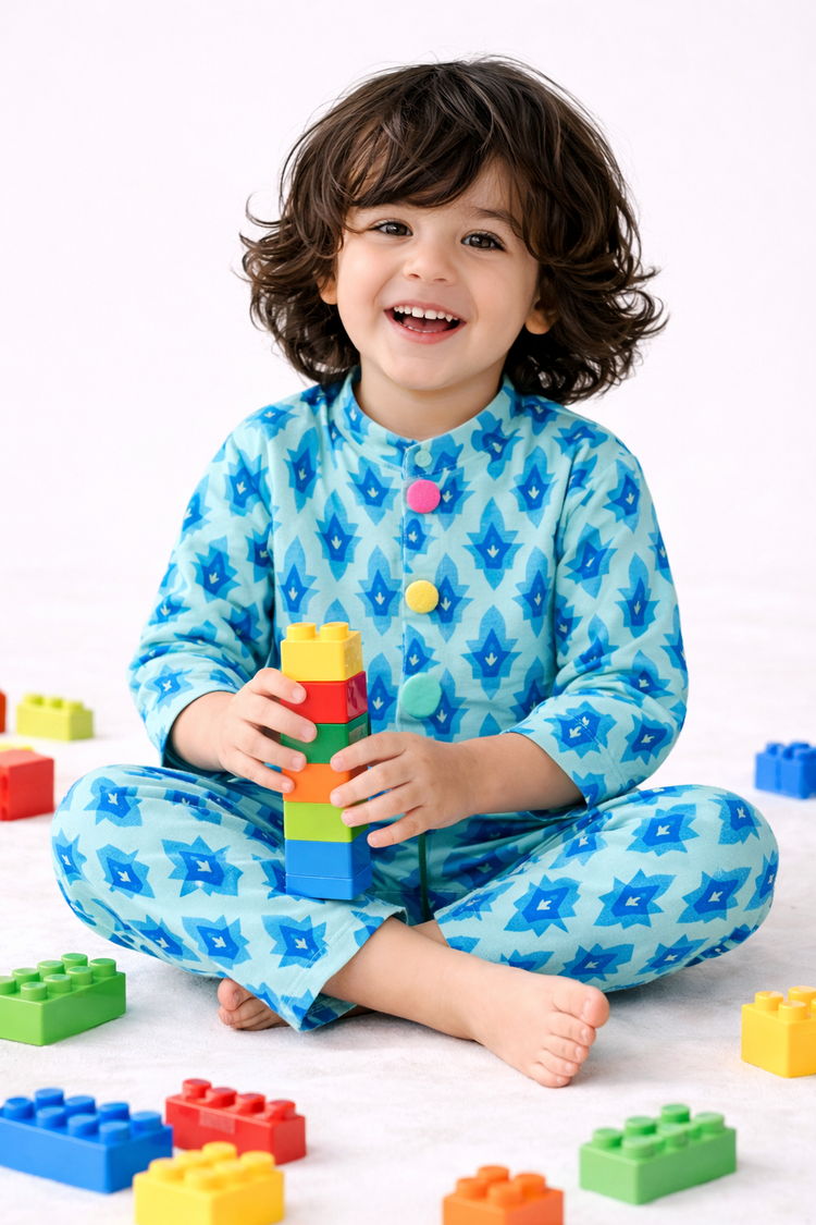 Aqua Blue Geometric Cotton Co-ord Set