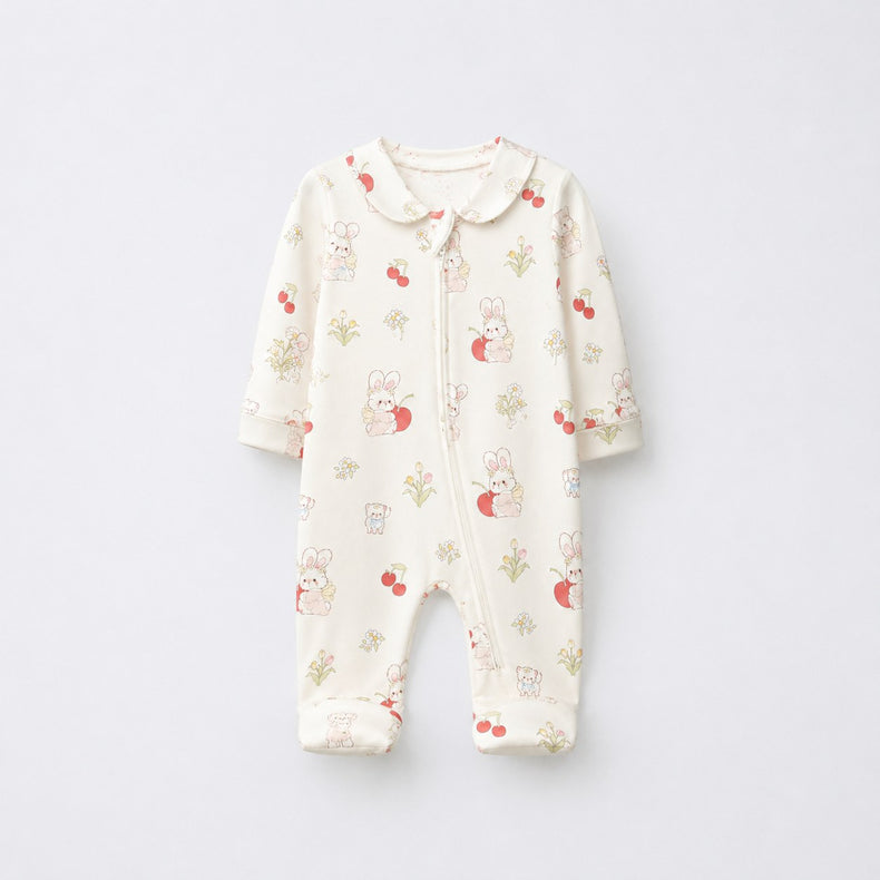 Cherry & Bunny bamboo cotton baby sleepsuit — full-sleeve two-way zip romper onesie, front