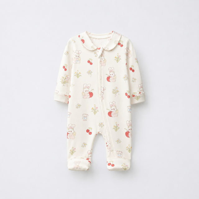 Cherry & Bunny bamboo cotton baby sleepsuit — full-sleeve two-way zip romper onesie, front