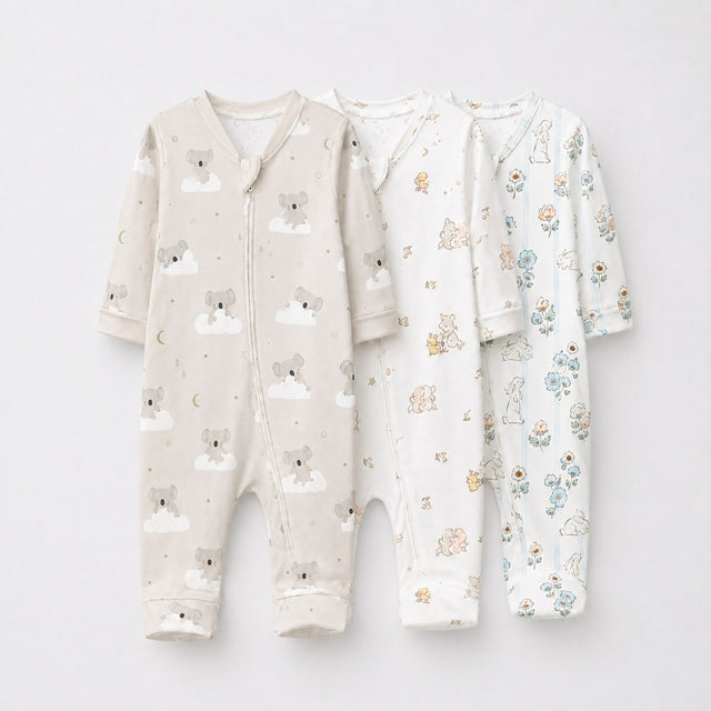 Cloud Koala bamboo baby sleepsuit combo — coordinating full-sleeve two-way zip romper onesies