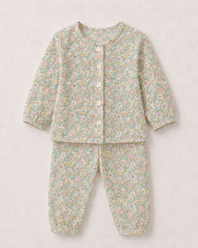 Baby wearing Anaario Cottage Bloom organic mulmul cotton Blossom Breeze set, newborn to 24 months
