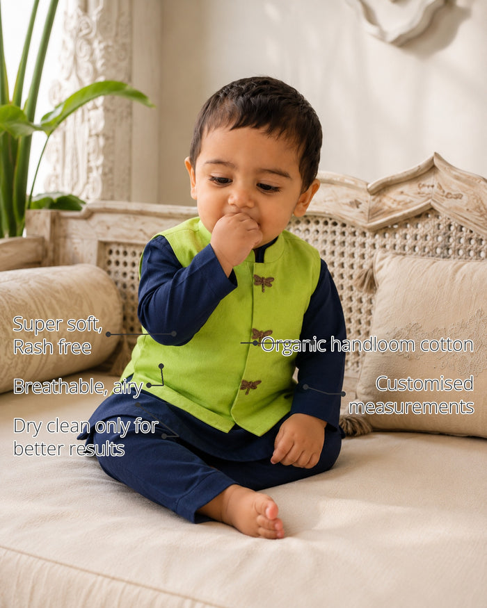 Navy Dragonfly Motif Baby Waistcoat Kurta Set features