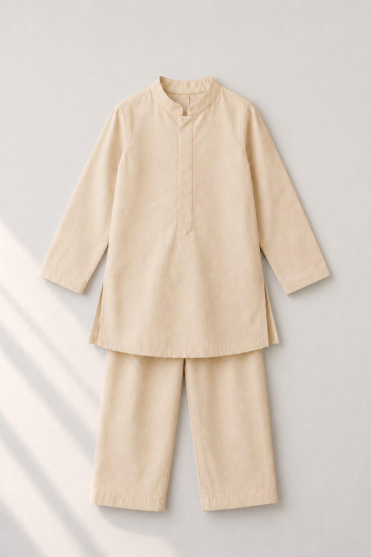 Cream Bird-Motif Kurta and Pants - flat lay