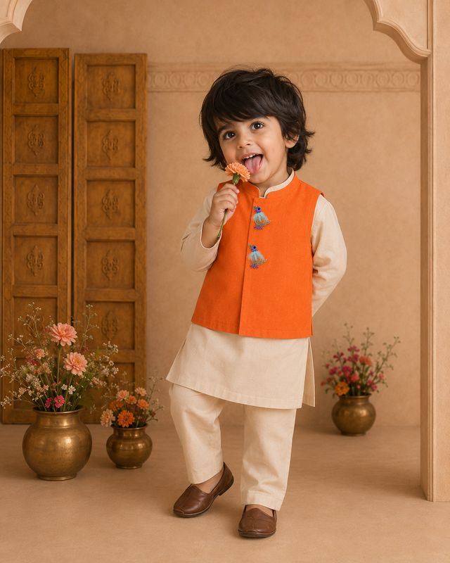 Cream Bird-Motif Waistcoat Set (Orange Waistcoat) - lifestyle photo, archway backdrop