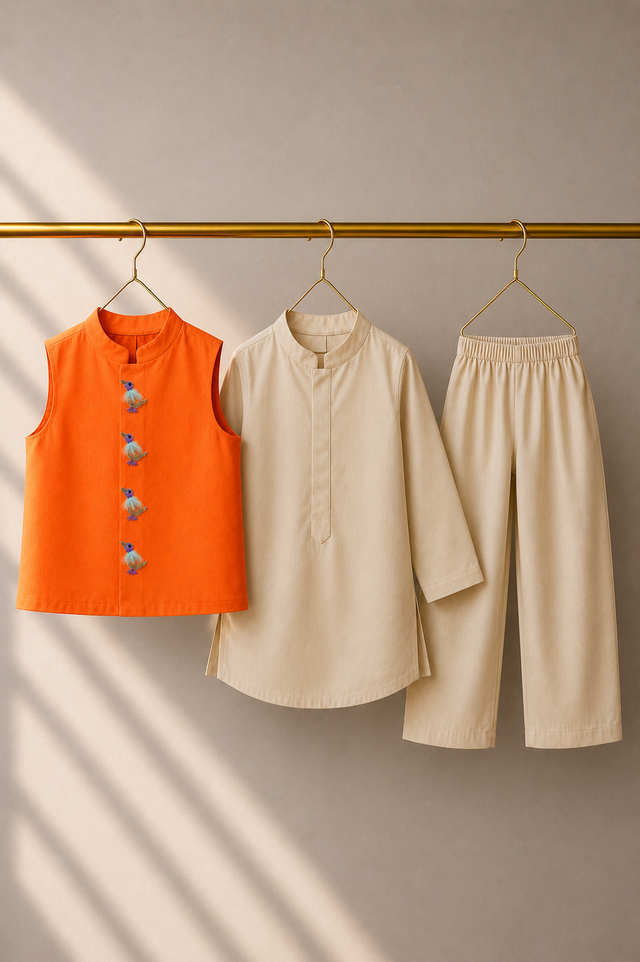 Cream Bird-Motif Waistcoat Set (Orange Waistcoat) - flat lay, waistcoat, kurta and pants