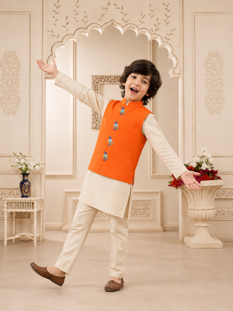 Cream bird-motif waistcoat set with orange waistcoat by Anaario