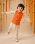 Cream Bird-Motif Waistcoat Set (Orange Waistcoat) - festive lifestyle photo, marigold and crescent backdrop