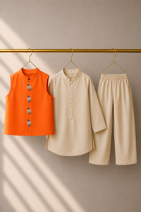 Cream Bird-Motif Waistcoat Set (Orange Waistcoat) - flat lay, waistcoat, kurta and pants