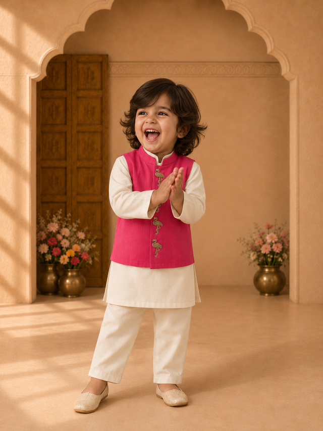 Cream Flamingo-Motif Waistcoat Set (Pink Waistcoat) - lifestyle photo, archway backdrop