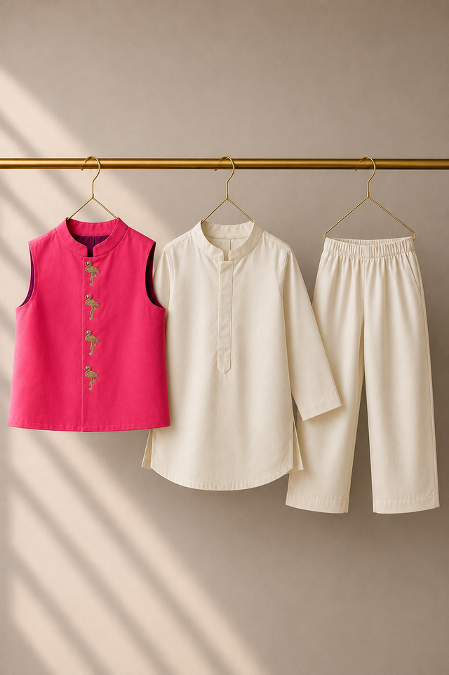 Cream Flamingo-Motif Waistcoat Set (Pink Waistcoat) - flat lay, waistcoat, kurta and pants
