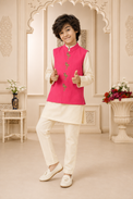 Cream flamingo-motif waistcoat set with pink waistcoat by Anaario