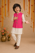 Cream Flamingo-Motif Waistcoat Set (Pink Waistcoat) - festive lifestyle photo, marigold and crescent backdrop