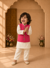 Cream Flamingo-Motif Waistcoat Set (Pink Waistcoat) - lifestyle photo, archway backdrop