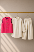 Cream Flamingo-Motif Waistcoat Set (Pink Waistcoat) - flat lay, waistcoat, kurta and pants