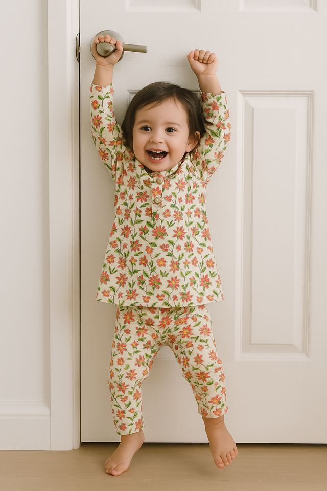 Girl wearing Anaario Cream Floral Cotton Co-ord Set
