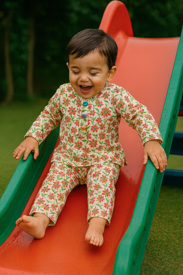 Girl wearing Anaario Cream Floral Cotton Co-ord Set