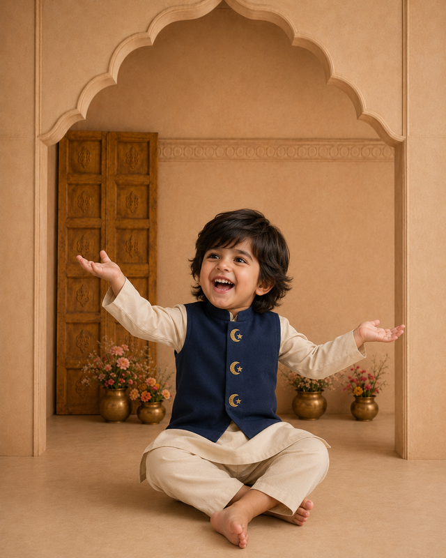 Cream Moon-Star Waistcoat Set (Navy Waistcoat) - lifestyle photo, archway backdrop