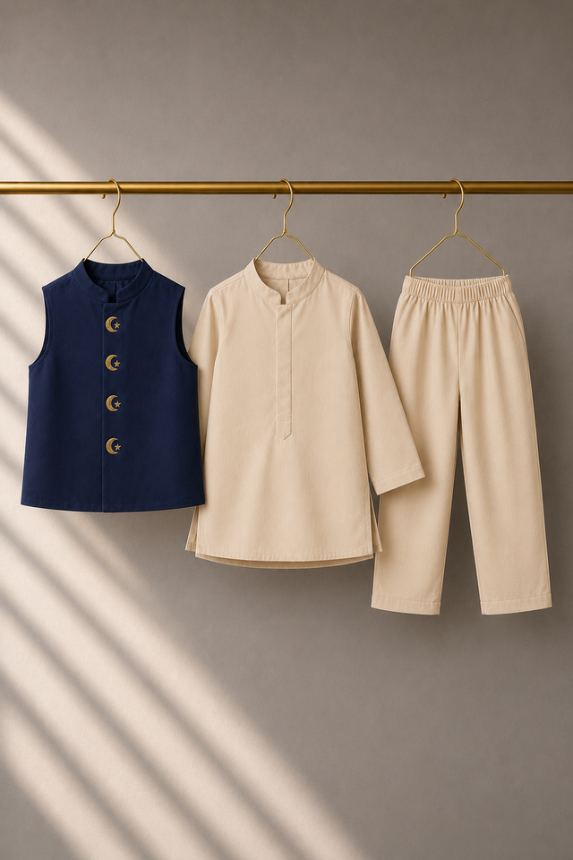 Cream Moon-Star Waistcoat Set (Navy Waistcoat) - flat lay, waistcoat, kurta and pants
