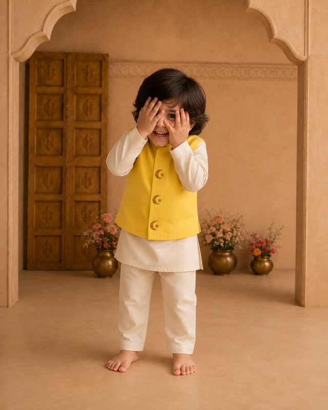 Cream Moon-Star Waistcoat Set (Yellow Waistcoat) - lifestyle photo, archway backdrop