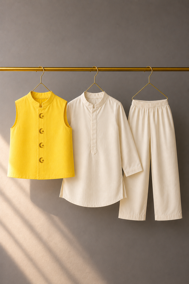 Cream Moon-Star Waistcoat Set (Yellow Waistcoat) - flat lay, waistcoat, kurta and pants