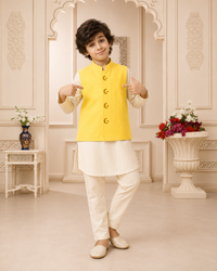 Cream moon and star waistcoat set with yellow waistcoat by Anaario