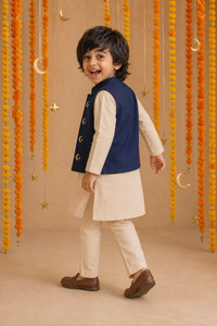 Cream Moon-Star Waistcoat Set (Navy Waistcoat) - festive lifestyle photo, marigold and crescent backdrop