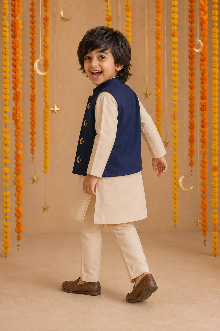 Cream Moon-Star Waistcoat Set (Navy Waistcoat) - festive lifestyle photo, marigold and crescent backdrop